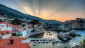 Sunrise ocean cityscapes cliffs europe harbour town boats wallpaper