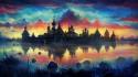 Water paintings castles multicolor fantasy art wallpaper
