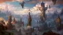 Landscapes rocks fantasy art digital cities skies wallpaper