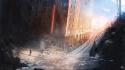 Ruins figure escape roads artwork apocalyptic cities wallpaper