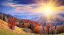Sunrise mountains forest leaves autumn wallpaper