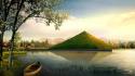 Nature grass digital art lakes canoe pyramids wallpaper