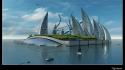 Ocean trees buildings islands boats science fiction wallpaper
