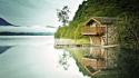 Landscapes trees dock houses lakes reflections wallpaper