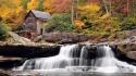 Autumn (season) forest houses waterfalls wallpaper