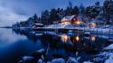 Nature snow trees lights sweden houses lakes wallpaper