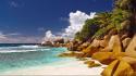 Nature beach sand trees corner rocks islands seychelles wallpaper