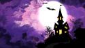 Halloween seasons spooky holidays mansion bats purple sky wallpaper
