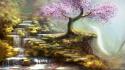 Mountains cherry blossoms trees rivers wallpaper