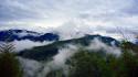 Mountains clouds landscapes nature trees foggy wallpaper