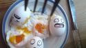 Breakfast plates egg omelets fork scared yolks wallpaper