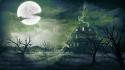 Clouds trees stars moon haunted house wallpaper
