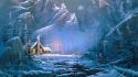 Ice mountains snow trees houses rivers christmas tree wallpaper