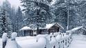 Landscapes winter snow trees forest chalets wallpaper