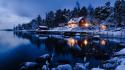 Winter snow trees sweden houses stockholm lakes reflections wallpaper
