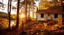 Autumn (season) white forest cottage wallpaper