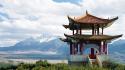 Mountains china grass buildings wallpaper
