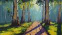 Paintings nature trees forest path sunlight wallpaper