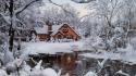 Snow trees indoors cold cabin lakes reflections wallpaper