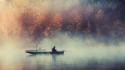 Nature trees fog plants boats fishing lakes wallpaper