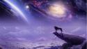 Galaxies animals rocks fantasy art lions space wallpaper