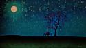 Trees night stars moon artwork heterosexual wallpaper