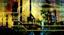 Cityscapes multicolor technology numbers circuits circuit board wallpaper