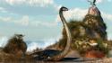 Ocean beach birds dinosaurs digital art artwork elasmosaurus wallpaper