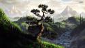 Grass painted bonsai skies mountain view tree wallpaper