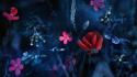 Abstract blue artistic flowers red pink wallpaper