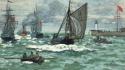 Paintings waves flags boats claude monet impressionism sea wallpaper