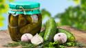 Vegetables food garlic cucumbers pickles jars wallpaper