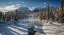 Mountains landscapes nature winter snow forests rivers wallpaper