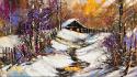 Paintings winter snow oil painting cottage wallpaper