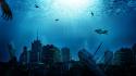 Art sharks sunlight shipwrecks abandoned underwater world wallpaper