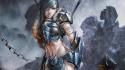 Blue eyes armor artwork warriors female chains wallpaper