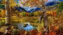 Water mountains forest birch autumn wallpaper