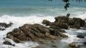 Landscapes nature coast waves rocks stones branches sea wallpaper