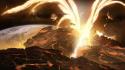 Outer space explosions volcanoes lava digital art wallpaper