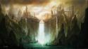 Landscapes fantasy art artwork waterfalls cities wallpaper