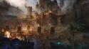 Castles fire demons fantasy art battles siege catapults wallpaper