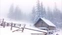 Snow cabin landscapes pine trees wallpaper