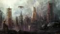 Destroyed science fiction air balloons cities sci-fi wallpaper