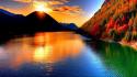 Mountains landscapes sun trees silhouettes lakes waterscapes wallpaper