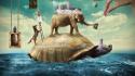 Ocean turtles surreal elephants photomanipulation skies wallpaper