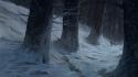 Snow trees forests artwork wolves wallpaper
