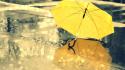 Water rain yellow umbrellas street wallpaper
