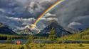 Montana bench clouds forests grass wallpaper