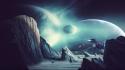 Mountains outer space planets moon rocks spaceships i wallpaper