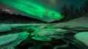 Snow aurora borealis rivers wallpaper